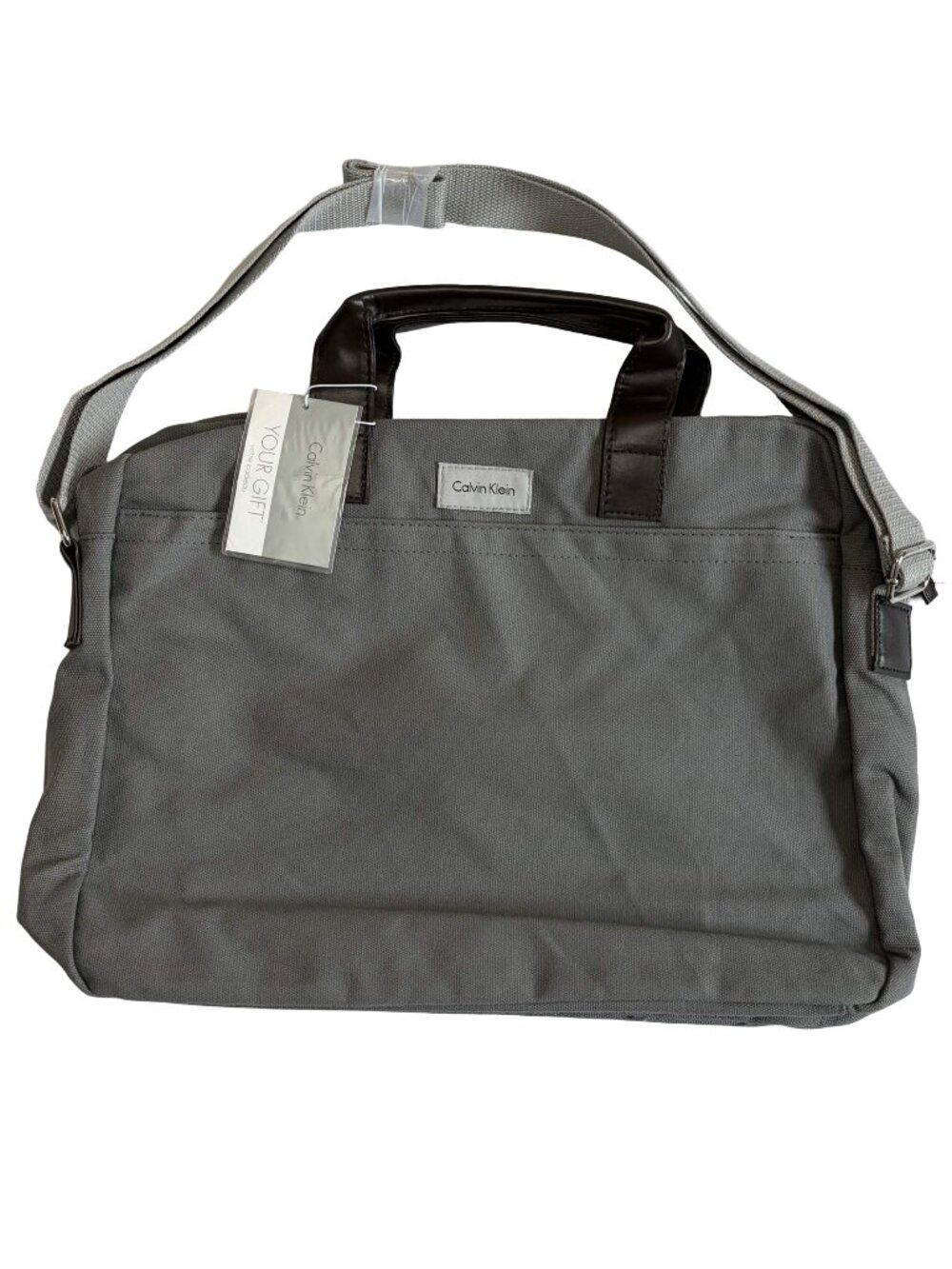 NWT Calvin Klein Gray Canvas Laptop Bag Briefcase Messenger Office Travel New